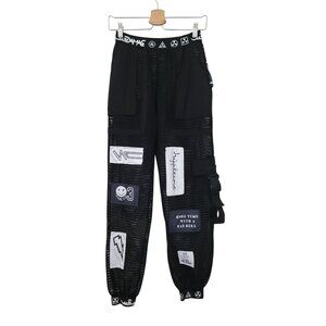 Black Mesh Streetwear Hip Hop Patchwork Cargo Pants w/ Buckle Detail Unisex Sz M